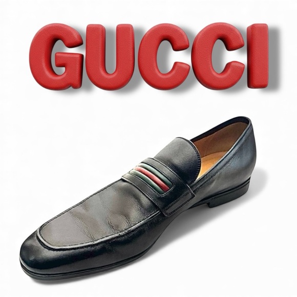 Gucci Cirano Lux Men’s Dress Shoes Slip-On Black w/ Green & Red Stripe Size 10